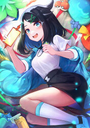 Rule 34 | 1girl, :d, absurdres, aqua eyes, black hair, black shorts, blush, candy, candy wrapper, coat, commentary request, creatures (company), eyelashes, game freak, gen 4 pokemon, green coat, hair ornament, hairclip, high-waist shorts, highres, holding, holding phone, liko (pokemon), nintendo, off shoulder, open clothes, open coat, open mouth, phone, poke ball, poke ball (basic), pokemon, pokemon (anime), pokemon horizons, rotom, rotom phone, shirt, shoes, short sleeves, shorts, skyxperish, smile, socks, solo, sparkle, t-shirt, teeth, upper teeth only, white shirt, white socks, wrapped candy