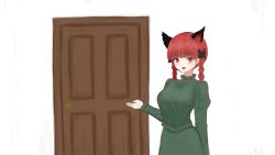 Rule 34 | 1girl, :d, absurdres, animal ears, bad id, bad twitter id, blush, bow, braid, cat ears, dress, green dress, hair bow, hand up, highres, kaenbyou rin, long sleeves, looking at viewer, moriforest1040, open mouth, red eyes, red hair, smile, solo, touhou, twin braids
