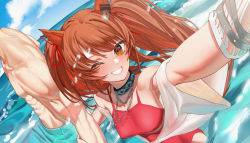 Rule 34 | 1boy, 1girl, ;d, abs, absurdres, angelina (arknights), angelina (summer flower) (arknights), animal ears, arknights, arm grab, armpits, blue male swimwear, blue swim trunks, blush, bracelet, breasts, brown hair, chain, collarbone, day, foreshortening, fox ears, glint, grin, highres, holding, infection monitor (arknights), jewelry, looking at viewer, male swimwear, medium breasts, necklace, ocean, official alternate costume, one eye closed, open mouth, outdoors, outstretched arm, parted lips, red eyes, selfie, smile, solo focus, swim trunks, swimsuit, teeth, twintails, upper body, water, yurusu delight
