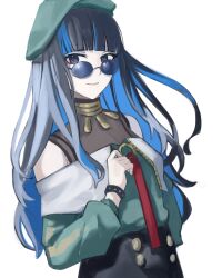 Rule 34 | 1girl, beret, black hair, blue-tinted eyewear, blue hair, blunt bangs, colored inner hair, commentary request, fate/grand order, fate (series), green hat, hat, highres, long hair, multicolored hair, omame korokor, simple background, solo, sunglasses, tenochtitlan (fate), tenochtitlan (second ascension) (fate), tinted eyewear, white background