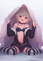 Rule 34 | 1girl, absurdres, ahoge, badge, bare shoulders, bed sheet, black bra, black panties, blanket, blush, bra, button badge, collar, commentary request, feet out of frame, flat chest, gradient background, grey hair, highres, jacket, jewelry, lace, lace-trimmed bra, lace trim, long sleeves, looking at viewer, makaino ririmu, medium hair, multicolored hair, navel, necklace, nijisanji, off shoulder, open clothes, open jacket, open mouth, panties, pointy ears, red collar, red eyes, red hair, sabamen, sitting, smile, solo, strap slip, streaked hair, striped clothes, striped thighhighs, thighhighs, twintails, under covers, underwear, virtual youtuber, wariza