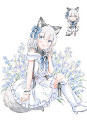 Rule 34 | 1girl, :d, animal ear fluff, animal ears, bare shoulders, bell, black shirt, blue bow, blue eyes, blue flower, blush, boots, bow, braid, closed mouth, commentary request, dress, flower, grey hair, hair bell, hair between eyes, hair bow, hair ornament, hand up, high heel boots, high heels, jingle bell, knee boots, looking at viewer, multiple views, one side up, open mouth, original, ribbed shirt, shirt, simple background, single braid, sitting, smile, standing, tail, turtleneck, wataame27, white background, white dress, white footwear, wrist cuffs