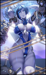 Rule 34 | 1girl, android, arms up, asymmetrical hair, black border, black hair, blue eyes, blue lips, blue skin, blurry, blurry foreground, border, breasts, breasts apart, colored skin, demi (subverse), detached collar, eureka brider, highleg, highleg leotard, highres, huge breasts, joints, leotard, looking at viewer, mechanical parts, metal skin, revealing clothes, robot joints, short hair, solo, strapless, strapless leotard, subverse, wrist cuffs