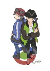 2boys absurdres bag black_hair black_hat black_pants blue_eyes blue_jacket blue_pants bracelet calem_(pokemon) closed_mouth commentary creatures_(company) crossed_arms eyewear_on_head full_body game_freak gen_2_pokemon grey_eyes hahm0106 hat highres jacket jewelry looking_at_viewer male_focus male_protagonist_(pokemon_legends:_z-a) multicolored_jacket multiple_boys nintendo open_clothes open_jacket pants pokemon pokemon_(creature) pokemon_legends:_z-a pokemon_xy red_hat shirt shoelaces shoes shoulder_bag simple_background smile standing sunglasses unown unown_! unown_a unown_k unown_l unown_o unown_s v-neck white_background white_shirt