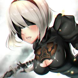 Rule 34 | 1girl, alcoholrang, black dress, black gloves, blindfold, breasts, cleavage, dress, gloves, lips, medium breasts, nier (series), nier:automata, short hair, solo, sword, upper body, weapon, white hair, 2b (nier:automata)