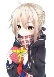 Rule 34 | 1girl, ahoge, artoria pendragon (all), artoria pendragon (fate), blonde hair, blush, box, braid, closed mouth, coat, duffel coat, fate/grand order, fate (series), french braid, gift, hair between eyes, heart-shaped box, holding, holding gift, looking at viewer, mysterious heroine x alter (fate), mysterious heroine x alter (first ascension) (fate), neckerchief, plaid, plaid scarf, pursed lips, red neckerchief, red scarf, saber (fate), scarf, school uniform, serafuku, short hair with long locks, sidelocks, simple background, siroyuki, solo, upper body, valentine, white background, yellow eyes