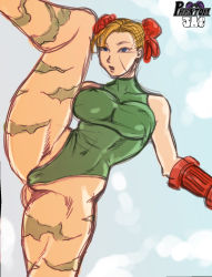Rule 34 | 1girl, alternate eye color, alternate hair color, blonde hair, blue eyes, bodypaint, bun cover, cammy white, cammy white (cosplay), camouflage, chun-li, cosplay, double bun, highres, leg lift, leotard, phantomjac, scar, sketch, solo, standing, standing on one leg, street fighter, thick thighs, thighs, thong leotard, watermark