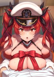 Rule 34 | 1boy, 1girl, absurdres, azur lane, black ribbon, blush, breasts, brown eyes, cleavage, collarbone, commentary request, elbow gloves, from above, gloves, hair ribbon, hat, heavy breathing, highres, honolulu (azur lane), indoors, large breasts, long hair, looking at viewer, looking up, momo no sukebe, open mouth, peaked cap, pov, red hair, red ribbon, ribbon, solo focus, sweat, twintails, very long hair, white gloves