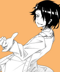 Rule 34 | 1boy, black hair, grin, hair over one eye, highres, looking at viewer, monochrome, ray (yakusoku no neverland), simple background, smile, yakusoku no neverland