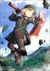 Rule 34 | 1girl, axe, blonde hair, blue sky, boots, cloud, coat, commentary request, day, fate/grand order, fate (series), forest, giant, giantess, gloves, hat, jumping, k-suwabe, long sleeves, mountain, nature, outdoors, pantyhose, parted bangs, paul bunyan (fate), shorts, sky, solo, tree, twitter username, yellow eyes