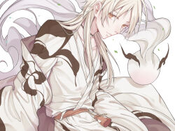 Rule 34 | 1boy, bishounen, blonde hair, brown eyes, closed mouth, clothing request, facing to the side, food fantasy, japanese clothes, long hair, looking at viewer, male focus, shaizi (z07ca5jh85), sitting, white background, wonton (food fantasy)