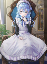 Rule 34 | 1girl, absurdres, apron, black dress, blue eyes, blue hair, blue ribbon, blush, dress, earrings, finger to mouth, finger to own chin, fingernails, hair bun, hand on own thigh, highres, hololive, hoshimachi suisei, jewelry, juliet sleeves, long dress, long hair, long sleeves, looking at viewer, maid, maid apron, maid headdress, neck ribbon, on chair, portrait, puffy sleeves, resolution mismatch, ribbon, side bun, single side bun, sitting, smile, solo, source larger, star (symbol), star in eye, symbol in eye, victorian maid, virtual youtuber, wajuniorbox, white apron