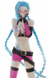 Rule 34 | 1girl, bare shoulders, blue hair, blush, braid, es (esscarlet), evil grin, evil smile, fingerless gloves, flat chest, gloves, grin, hairline, hands on own face, jinx (league of legends), league of legends, long hair, looking at viewer, midriff, pink eyes, pussy juice, pussy juice drip through clothes, pussy juice trail, shorts, smile, solo, tattoo, twin braids, very long hair, yandere trance