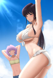 Rule 34 | 1girl, 1nilla&#039;, 1other, ;d, absurdres, arm up, armpits, arms behind head, arms up, ass, bare shoulders, bikini, bikini top only, black eyes, black hair, blue sky, breasts, cleavage, closed mouth, collarbone, day, frilled bikini, frills, from side, grin, highres, komi-san wa komyushou desu, komi shouko, large breasts, long hair, looking at viewer, looking to the side, navel, one eye closed, open mouth, osana najimi (komi-san wa komyushou desu), outdoors, parted lips, purple eyes, purple hair, sanpaku, short hair, sidelocks, skindentation, sky, smile, stomach, straight hair, sweat, swimsuit, teeth, underboob, white bikini, yellow bikini