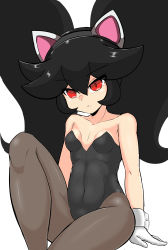 Rule 34 | 1girl, absurdres, animal ears, ashley (warioware), bare shoulders, big hair, black hair, black leotard, breasts, breasts apart, cat ears, cleavage, closed mouth, collarbone, covered navel, fake animal ears, feet out of frame, female focus, gloves, hair between eyes, highres, leotard, long hair, nintendo, pantyhose, red eyes, rnt (251139), sidelocks, simple background, sitting, small breasts, solo, split mouth, strapless, strapless leotard, thighs, warioware, white background, white gloves, wrist cuffs