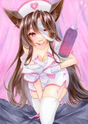 Rule 34 | 1girl, animal ear fluff, animal ears, breasts, brown hair, cleavage, commentary request, fangs, garter straps, halloween costume, hat, heart, heart-shaped pupils, highres, imaizumi kagerou, large breasts, long hair, looking at viewer, natsume nadeshiko, nurse, nurse cap, open mouth, pink background, red eyes, skin fangs, solo, symbol-shaped pupils, syringe, tail, thighhighs, touhou, traditional media, white thighhighs, wolf ears, wolf tail