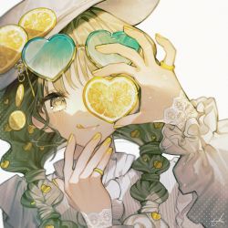 Rule 34 | 1girl, absurdres, blush, braid, braided ponytail, collar, colored tongue, food, frilled collar, frilled sleeves, frills, fruit, green hair, grey background, hair ornament, hat, heart, heart-shaped eyewear, heart-shaped pupils, highres, jewelry, lace, lemon, lemon slice, licking lips, nail polish, naruna (star), one eye covered, original, polka dot, portrait, ring, shirt, signature, simple background, solo, symbol-shaped pupils, tongue, tongue out, twintails, white background, white hat, white shirt, white sleeves, yellow nails, yellow tongue