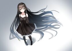 Rule 34 | 1girl, ai-assisted, black dress, black hair, dress, full body, gloves, long hair, looking at viewer, original, simple background, solo, standing, une back