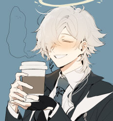 Rule 34 | 1boy, :d, arknights, black gloves, blue background, blue necktie, blush, closed eyes, coffee cup, collared shirt, cup, disposable cup, enforcer (arknights), fingerless gloves, gloves, grey hair, hair over one eye, halo, highres, holding, holding cup, long sleeves, male focus, necktie, open mouth, parted lips, shikiri, shirt, short hair, simple background, single glove, smile, solo, steam, teeth, upper teeth only, white shirt