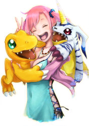 Rule 34 | 1girl, 2boys, agumon, bandai, blue dress, breasts, claws, cleavage, cross-laced clothes, digimon, digimon story: cyber sleuth, dress, fangs, gabumon, grabbing, grabbing another&#039;s breast, happy, highres, horns, hug, monster, multiple boys, open mouth, pecolondon, red hair, shiramine nokia, simple background, smile, twintails, v
