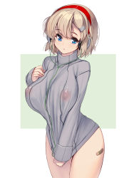 Rule 34 | 1girl, bandaid, bandaid on leg, between breasts, blonde hair, blue background, blue eyes, blush, breasts, cable, clothes pull, clothes tug, commentary request, covered erect nipples, gradient background, grey sweater, hair ornament, hairclip, hand on own chest, headphones, kouno (masao), large breasts, long sleeves, looking at viewer, naked sweater, narrow waist, nipples, no bra, no pants, original, parted lips, photoshop (medium), pulled by self, revision, see-through, shiny skin, short hair, sleeves past wrists, solo, sweater, sweater pull, sweater tug, tareme, thighs, turtleneck, turtleneck sweater