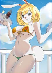 Rule 34 | absurdres, bikini, blonde hair, breasts, carrot (one piece), furry, furry female, highres, large breasts, one piece, rabbit ears, rabbit tail, sexy beach, swimsuit, thick outlines, thick thighs, thighs