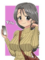 Rule 34 | 1girl, bag, between breasts, breasts, casual, cellphone, closed mouth, commentary request, freckles, girls und panzer, grey eyes, grey hair, hand in own hair, handbag, holding, holding phone, large breasts, long hair, long sleeves, looking at viewer, low ponytail, outline, partial commentary, phone, pink background, piyotan (girls und panzer), ponytail, ribbed sweater, romaji text, smartphone, smile, solo, strap between breasts, sweater, takahashi kurage, turtleneck, turtleneck sweater, upper body, white outline, yellow sweater