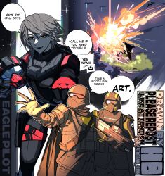 Rule 34 | 1girl, 2others, absurdres, assault rifle, black cape, bullpup, cape, character name, commentary, english commentary, english text, explosion, grey hair, gun, heartbreak juan, helldiver (helldivers), helldivers (series), helmet, highres, holding, holding gun, holding helmet, holding weapon, lower teeth only, military uniform, multiple others, open mouth, rifle, smile, speech bubble, teeth, twitter username, uniform, weapon, yellow eyes