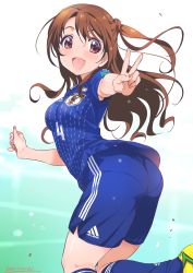 Rule 34 | 1girl, 2018 fifa world cup, :d, adidas, ass, blush, brown eyes, brown hair, clothes writing, commentary request, from behind, half updo, highres, idolmaster, idolmaster cinderella girls, inoue sora, japan, japanese flag, long hair, looking at viewer, looking back, open mouth, pantylines, shimamura uzuki, short sleeves, shorts, signature, simple background, smile, soccer, soccer uniform, solo, sportswear, v, world cup