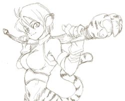 Rule 34 | 1girl, animal ears, artist request, breasts, breath of fire, breath of fire ii, bustier, cat ears, cat tail, furry, furry female, gloves, greyscale, monochrome, no panties, no pants, pointy ears, rinpoo chuan, short hair, solo, staff, tail