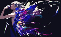 Rule 34 | 1girl, bare shoulders, berryverrine, black background, butterfly wings, highres, insect wings, looking to the side, open mouth, original, red eyes, serious, short hair, silver hair, simple background, solo, standing, water drop, wings