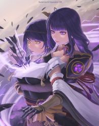 Rule 34 | 2girls, armor, arrow (projectile), arrow in body, artist name, black hair, black nails, blurry, blurry foreground, bomberminda, braid, breasts, bridal gauntlets, cleavage, closed mouth, commentary, detached sleeves, electricity, english commentary, feathers, genshin impact, gloves, hair ornament, highres, hug, hug from behind, human scabbard, japanese clothes, kujou sara, large breasts, long hair, mole, mole under eye, multiple girls, nail polish, open mouth, purple eyes, purple hair, raiden shogun, ribbon, short hair, shoulder armor, simple background, tassel, vision (genshin impact), yellow eyes