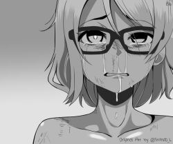 Rule 34 | 1girl, artist name, bluskymi, commentary, crying, crying with eyes open, emergence (shindol), english commentary, english text, glasses, gradient background, love live!, love live! sunshine!!, medium hair, monochrome, nude, open mouth, parody, scratches, streaming tears, tears, watanabe you