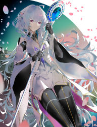 Rule 34 | 1girl, ahoge, black gloves, black pants, breasts, closed mouth, fate/grand order, fate/prototype, fate (series), gloves, gradient sky, highres, holding, holding staff, long hair, long sleeves, looking at viewer, medium breasts, merlin (fate/prototype), merlin (fate/prototype) (second ascension), pants, petals, purple eyes, robe, sky, smile, staff, thighs, tsujieiri, very long hair, white hair, white robe, wide sleeves