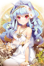 Rule 34 | 1girl, bangle, bare shoulders, blue hair, blush, bow, bracelet, breasts, cleavage, collarbone, dress, flower, flower on head, gilse, glowing, hair bow, hair flower, hair ornament, jewelry, leg up, linus falco, long hair, lots of jewelry, lowres, necklace, open mouth, petals, ponytail, red eyes, solo, sword girls, very long hair, wavy hair