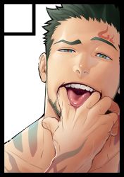 Rule 34 | 1boy, bara, beard, black hair, close-up, facial hair, finger in own mouth, green eyes, gyee, itto (mentaiko), looking at viewer, male focus, manly, muscular, priapus, priapus (gyee), red pupils, sexually suggestive, short hair, solo, tattoo, tongue, topless male