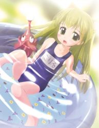 Rule 34 | 1girl, :d, animal ears, barefoot, blonde hair, blue one-piece swimsuit, blush, cat ears, child, ditama bow, dutch angle, flat chest, green eyes, green hair, long hair, looking at viewer, maiden breeder 2, matching hair/eyes, miruru (maiden breeder 2), name tag, one-piece swimsuit, open mouth, partially submerged, pool, school swimsuit, sitting, smile, solo, swimsuit, toy, very long hair, wading pool, water, wet, yellow eyes