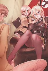 Rule 34 | 2girls, blonde hair, blue eyes, blush, breasts, flag, footjob, higrhes, long hair, looking down, military, military uniform, multiple girls, nishieda, no shoes, open mouth, orange eyes, pantyhose, penis, short hair, sitting, skirt, smile, standing, twintails, uncensored, uniform