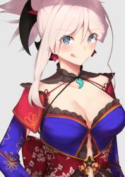 Rule 34 | 1girl, blue eyes, blush, breasts, center opening, cleavage, closed mouth, earrings, fate/grand order, fate (series), grey background, highres, japanese clothes, jewelry, long hair, long sleeves, looking at viewer, magatama, medium breasts, miyamoto musashi (fate), miyamoto musashi (third ascension) (fate), parted bangs, pink hair, ponytail, reuri (tjux4555), simple background, single sidelock, smile, solo, upper body