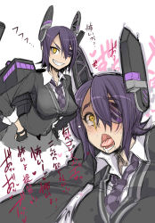 Rule 34 | 10s, 1girl, ahegao, eyepatch, grin, instant loss, kantai collection, multiple views, necktie, purple hair, shindol, smile, tears, tenryuu (kancolle), tongue, translation request, yellow eyes