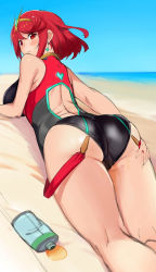 Rule 34 | 1girl, ass, back, beach, blush, breasts, competition swimsuit, huge ass, large breasts, legs, looking back, lotion bottle, lying, nintendo, ocean, on stomach, one-piece swimsuit, pyra (xenoblade), red eyes, red hair, sand, short hair, sky, smile, solo, swimsuit, thick thighs, thighs, wide hips, xenoblade chronicles (series), xenoblade chronicles 2, xenoblade chronicles (series), xenoblade chronicles 2