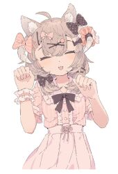 Rule 34 | 1girl, :3, ahoge, animal ear fluff, animal ears, blouse, blush, bow, brown bow, cat ears, center frills, closed eyes, collared dress, commentary request, dress, facing viewer, frilled shirt, frills, hair between eyes, hair bow, hair ornament, hanasaki ayame, hands up, horns, kaizuka (mintfield), kemonomimi mode, kuusou code plus, light brown hair, long hair, open mouth, paw pose, pink bow, pink shirt, polka dot, polka dot bow, puffy short sleeves, puffy sleeves, shirt, short sleeves, simple background, skirt, solo, upper body, virtual youtuber, white background, white bow, white skirt, wrist cuffs, x hair ornament