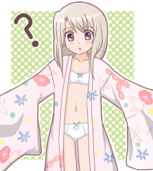 Rule 34 | 1girl, ?, atair, blush, bow, bow bra, bow panties, bra, fate/kaleid liner prisma illya, fate/stay night, fate (series), illyasviel von einzbern, japanese clothes, kimono, lace, lace-trimmed panties, lace trim, long hair, navel, open clothes, panties, red eyes, solo, training bra, underwear, white bra, white hair, white panties