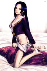 Rule 34 | 1girl, bad id, bad pixiv id, barefoot, bed, blue hair, boa hancock, breasts, cleavage, earrings, itori (clarice note), jewelry, legs, lips, lipstick, long hair, long sleeves, makeup, no panties, one piece, realistic, solo, undressing