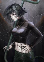Rule 34 | 1girl, arhnt, black-framed eyewear, black sweater, blinky (hunter x hunter), bracelet, breasts, closed mouth, commentary, cowboy shot, crop top, cross, cross necklace, eyelashes, fingernails, flipped hair, green pants, grey background, hand on own hip, highres, holding, holding weapon, hunter x hunter, jewelry, long earlobes, looking at viewer, medium breasts, navel, necklace, pants, purple eyes, sharp teeth, shirt, shizuku murasaki, silk, solo, spider tattoo, spider web, stomach tattoo, sweater, tattoo, teeth, tight clothes, tight shirt, toned, turtleneck, vacuum cleaner, weapon