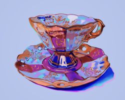 Rule 34 | blue background, cup, highres, meyoco, no humans, original, photo-referenced, plate, shadow, signature, simple background, teacup