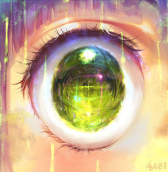 Rule 34 | androgynous, blunt bangs, close-up, eye focus, eye reflection, eyelashes, gender request, glowing, glowing eyes, green eyes, lens flare, light particles, looking at viewer, original, purple hair, reflection, signature, solo, yuket