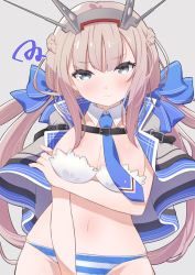 Rule 34 | 1girl, blue bow, blue necktie, bow, bra, braid, breasts, capelet, french braid, grey capelet, grey eyes, hair bow, headgear, kantai collection, light brown hair, long hair, low twintails, maryland (kancolle), medium breasts, navel, necktie, panties, sanninme no haru, solo, striped clothes, striped panties, twintails, underwear, underwear only, white bra