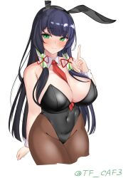 Rule 34 | 1girl, alternate costume, animal ears, bare shoulders, between breasts, black hair, black leotard, blush, breasts, brown pantyhose, cleavage, cowboy shot, detached collar, fake animal ears, green eyes, hair ornament, hair ribbon, hair tubes, highres, kantai collection, large breasts, leotard, long hair, looking at viewer, mizuho (kancolle), necktie, necktie between breasts, pantyhose, playboy bunny, rabbit ears, ribbon, smile, solo, strapless, strapless leotard, tf cafe, twitter username, very long hair, white background, wrist cuffs
