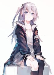 Rule 34 | 1girl, absurdres, black thighhighs, blue eyes, dress, girls&#039; frontline, hair ornament, highres, irikawa, jacket, jacket on shoulders, long hair, multicolored hair, one side up, open clothes, open mouth, pink hair, side ponytail, simple background, single thighhigh, sitting, solo, st ar-15 (girls&#039; frontline), streaked hair, thighhighs, white dress